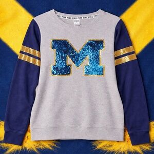 PINK Victoria Secret Michigan M Sequin Sweatshirt Gray Blue Gold Large